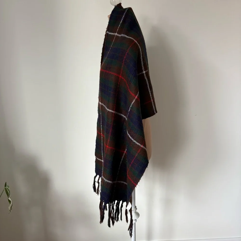 Christian Dior Vintage Acrylic Knit Brown Blue Plaid Fringe Trim Scarf One Size